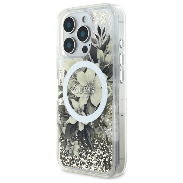 MagSafe-kotelo Apple iPhone 16 Prolle, Guess, Liquid Glitter Flower, Beige