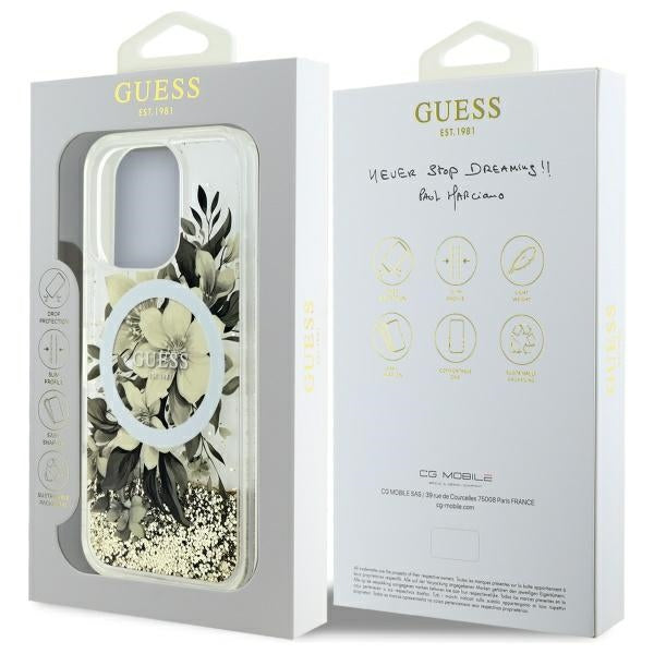 MagSafe-kotelo Apple iPhone 16 Prolle, Guess, Liquid Glitter Flower, Beige