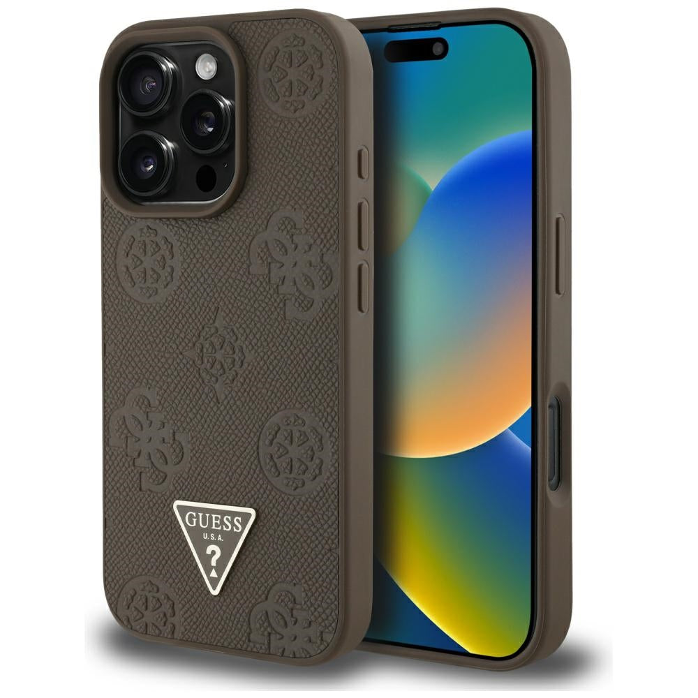 MagSafe-kotelo Apple iPhone 16 Prolle, Guess, Peony Grained Hot Stamp Triangle, Ruskea