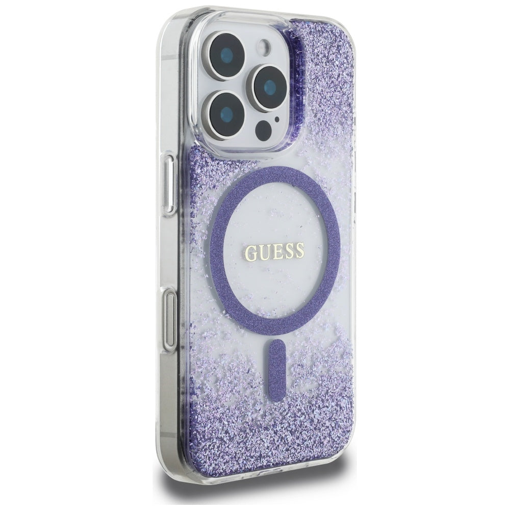 MagSafe-kotelo Apple iPhone 16 Prolle, Guess, Resin Bottom Glitter, Violetti