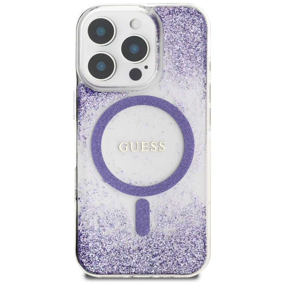 MagSafe-kotelo Apple iPhone 16 Prolle, Guess, Resin Bottom Glitter, Violetti