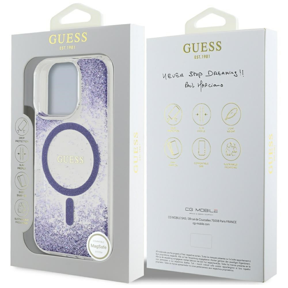 MagSafe-kotelo Apple iPhone 16 Prolle, Guess, Resin Bottom Glitter, Violetti