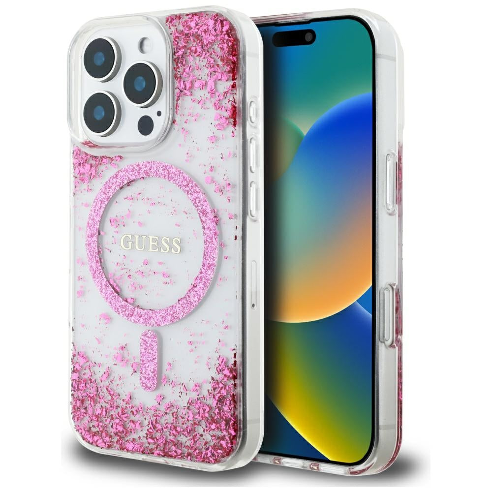 MagSafe-kotelo Apple iPhone 16 Prolle, Guess, Resin Bottom Glitter, Pinkki
