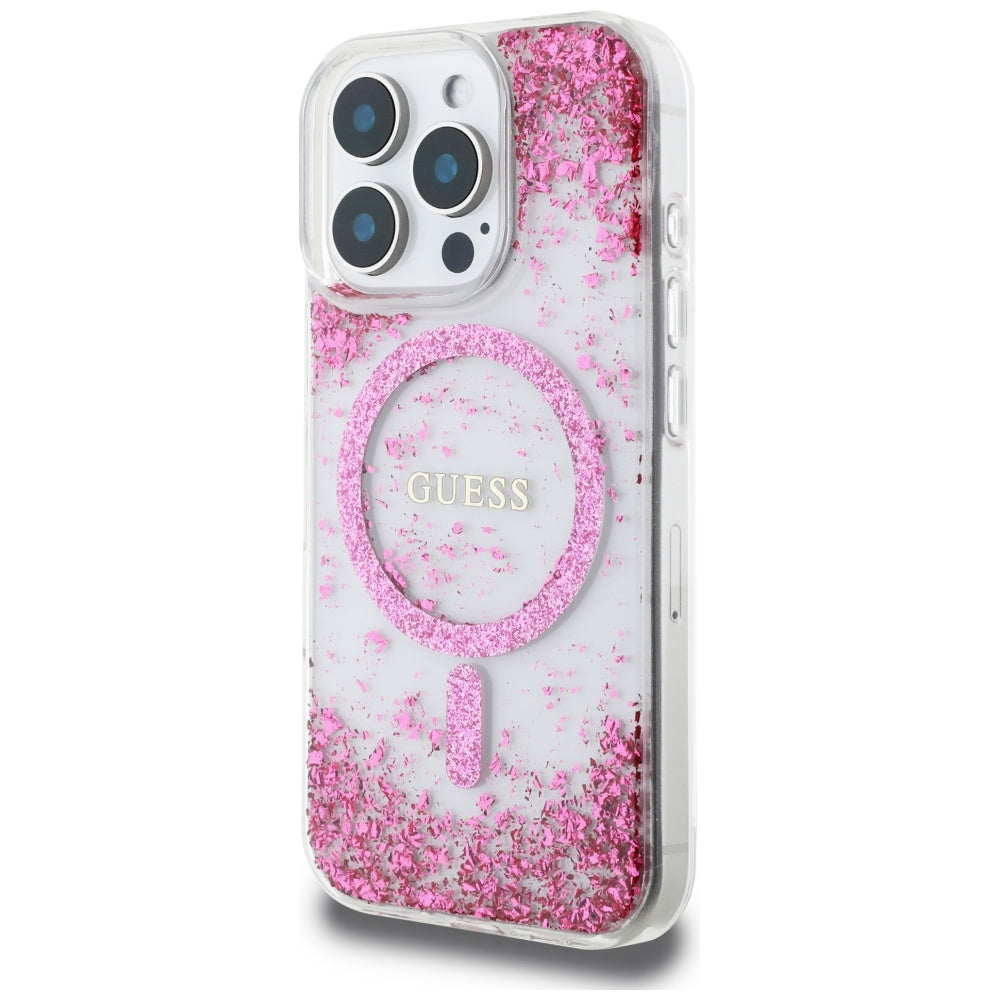 MagSafe-kotelo Apple iPhone 16 Prolle, Guess, Resin Bottom Glitter, Pinkki