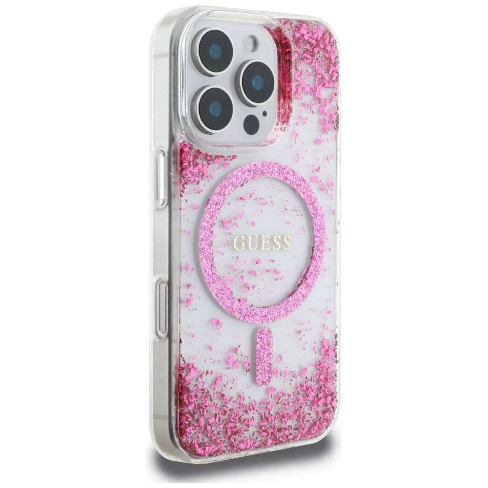 MagSafe-kotelo Apple iPhone 16 Prolle, Guess, Resin Bottom Glitter, Pinkki