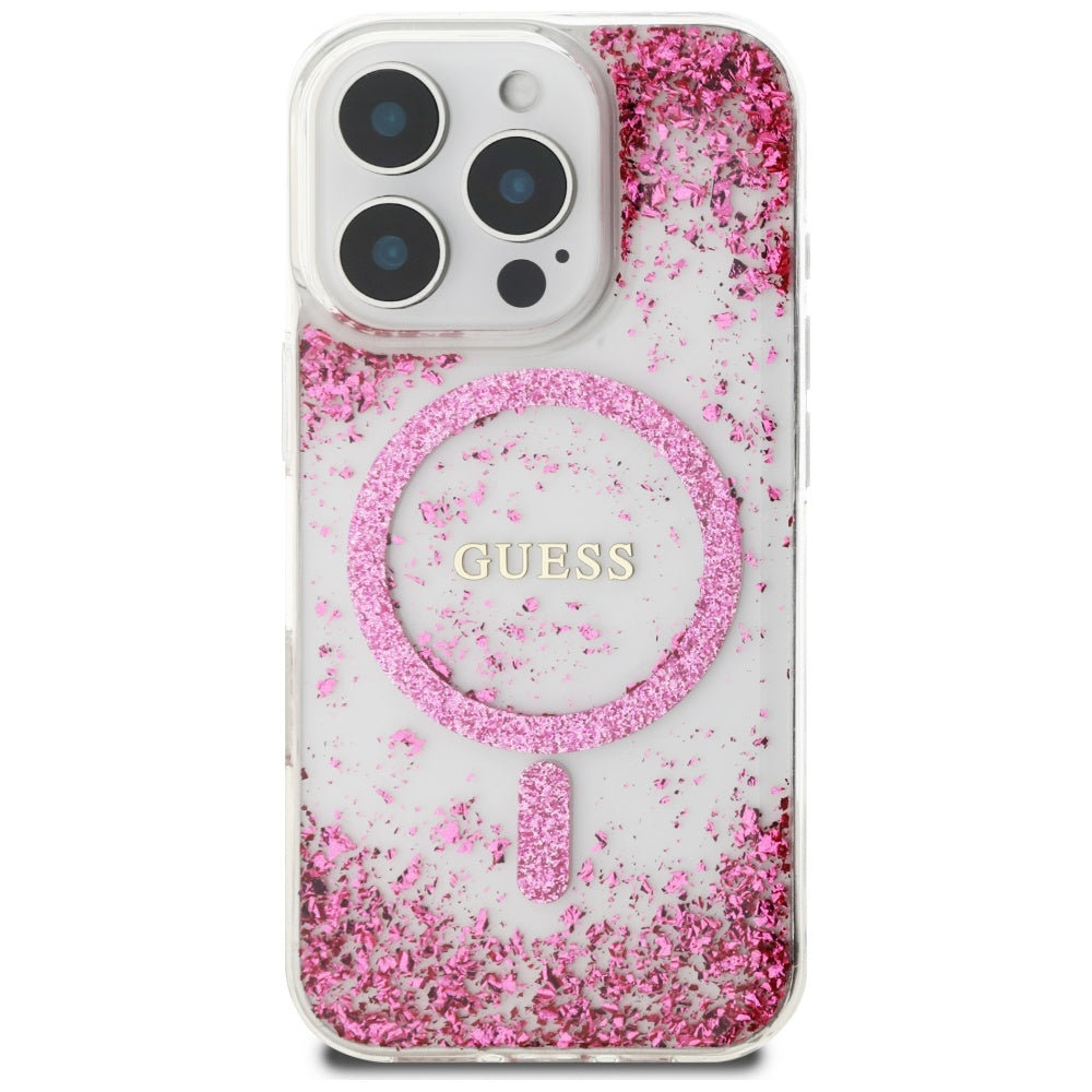 MagSafe-kotelo Apple iPhone 16 Prolle, Guess, Resin Bottom Glitter, Pinkki