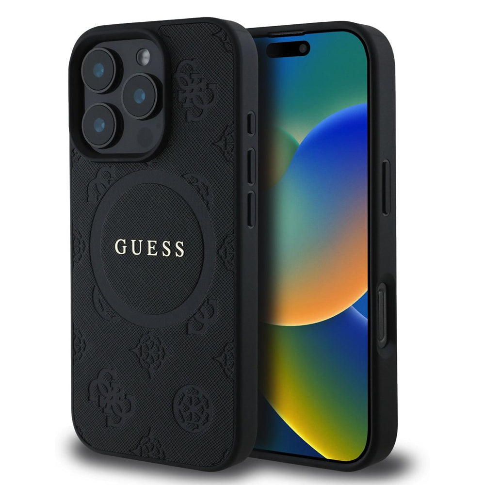 MagSafe-kotelo Apple iPhone 16 Prolle, Guess, Saffiano Peony Classic Logo, Musta