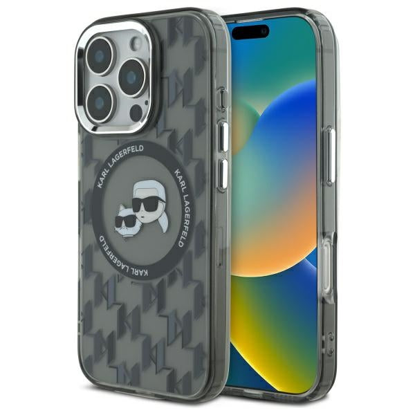 MagSafe Case for Apple iPhone 16 Pro, Karl Lagerfeld, IML Monogram Karl & Choupette's Heads, Black