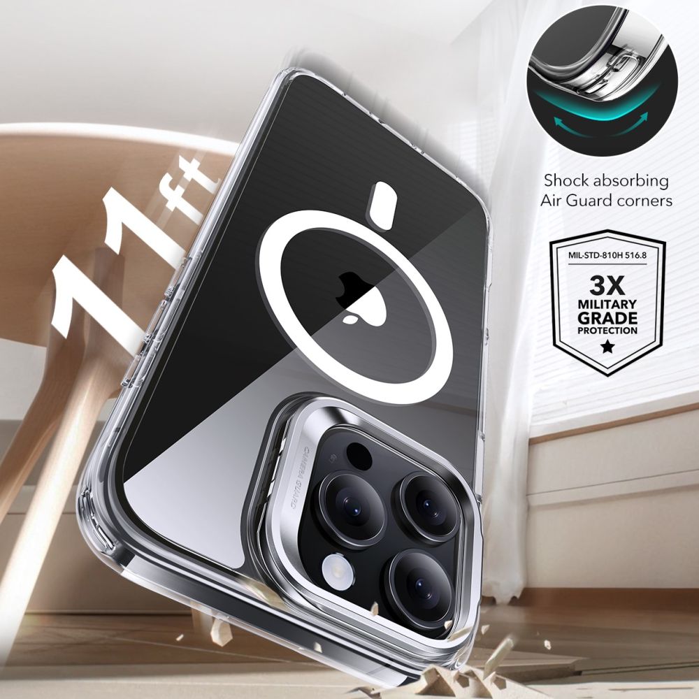 MagSafe-kotelo Apple iPhone 16 Pro Maxille, ESR, Classic Hybrid Kickstand näytönsuojalla, Läpinäkyvä