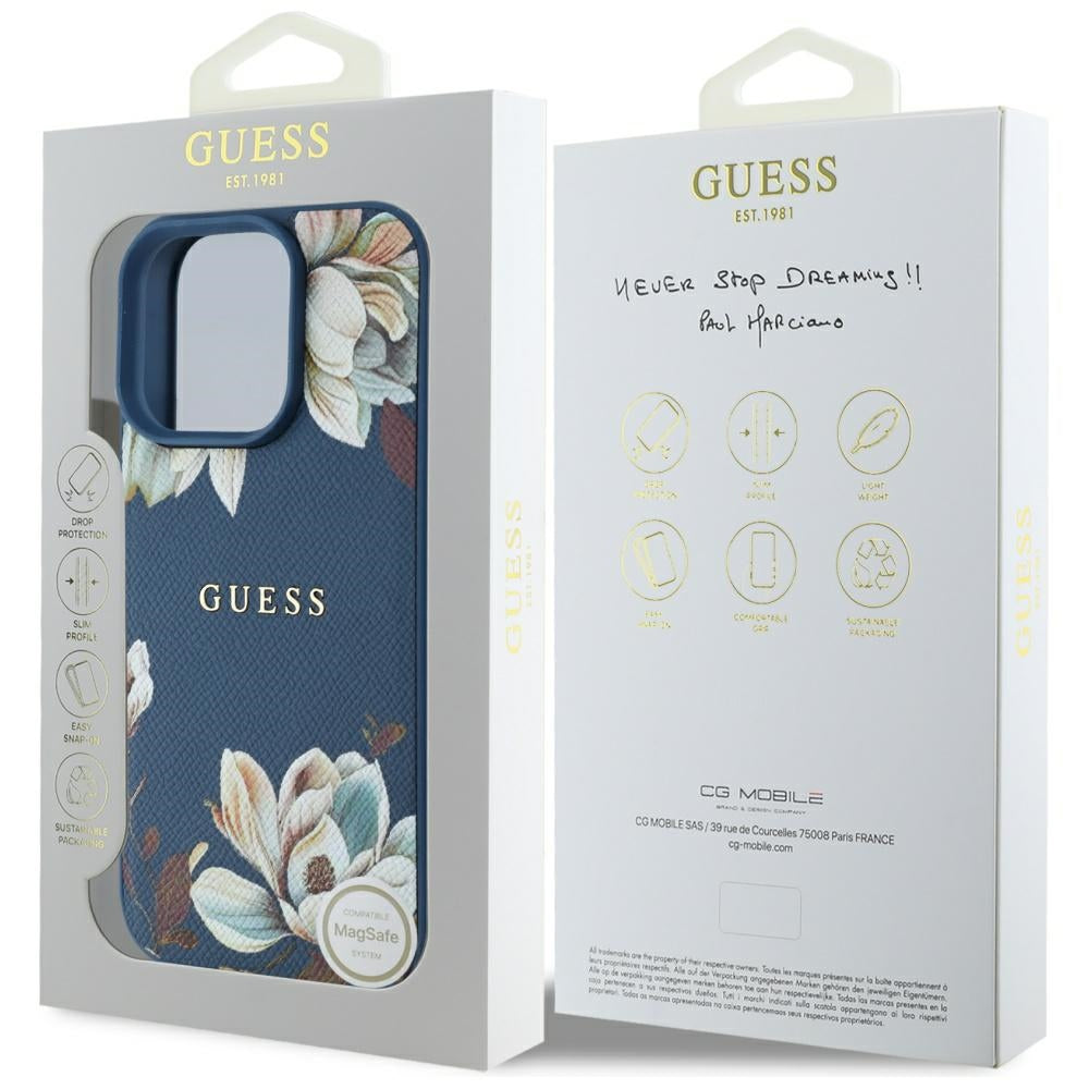 MagSafe-kotelo Apple iPhone 16 Pro Maxille, Guess, Grained Flowers, Sininen