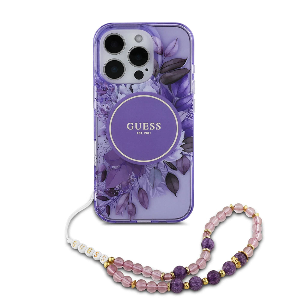 MagSafe-kotelo Apple iPhone 16 Pro Maxille, Guess, IML Flowers with Pearl Strap, Liila
