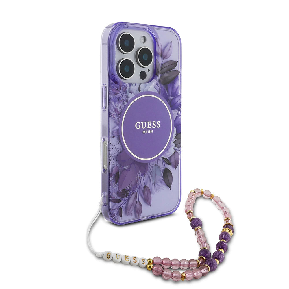 MagSafe-kotelo Apple iPhone 16 Pro Maxille, Guess, IML Flowers with Pearl Strap, Liila