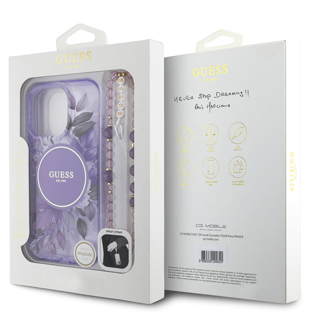MagSafe-kotelo Apple iPhone 16 Pro Maxille, Guess, IML Flowers with Pearl Strap, Liila