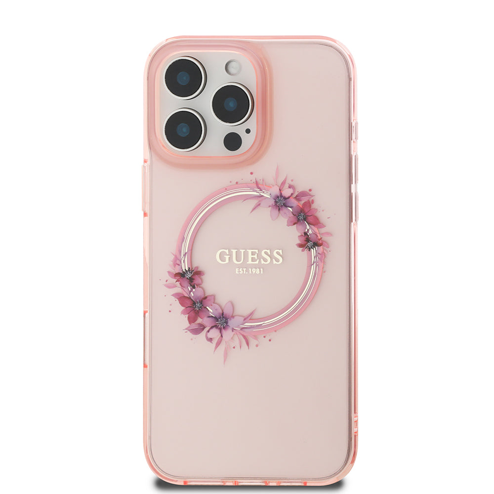 MagSafe-kotelo Apple iPhone 16 Pro Maxille, Guess, IML Flowers Wreath, Pinkki