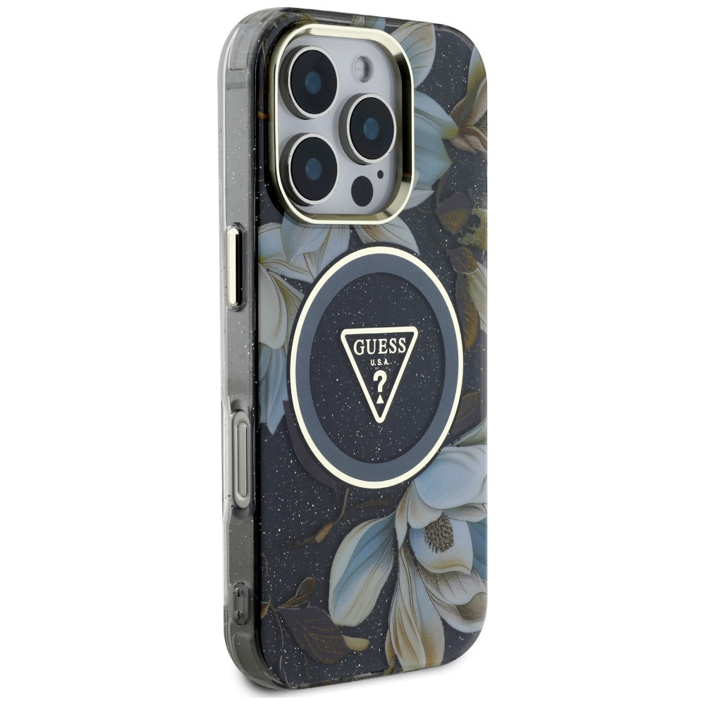 MagSafe-kotelo Apple iPhone 16 Pro Maxille, Guess, IML Metal Glitter Flowers Triangle, Musta