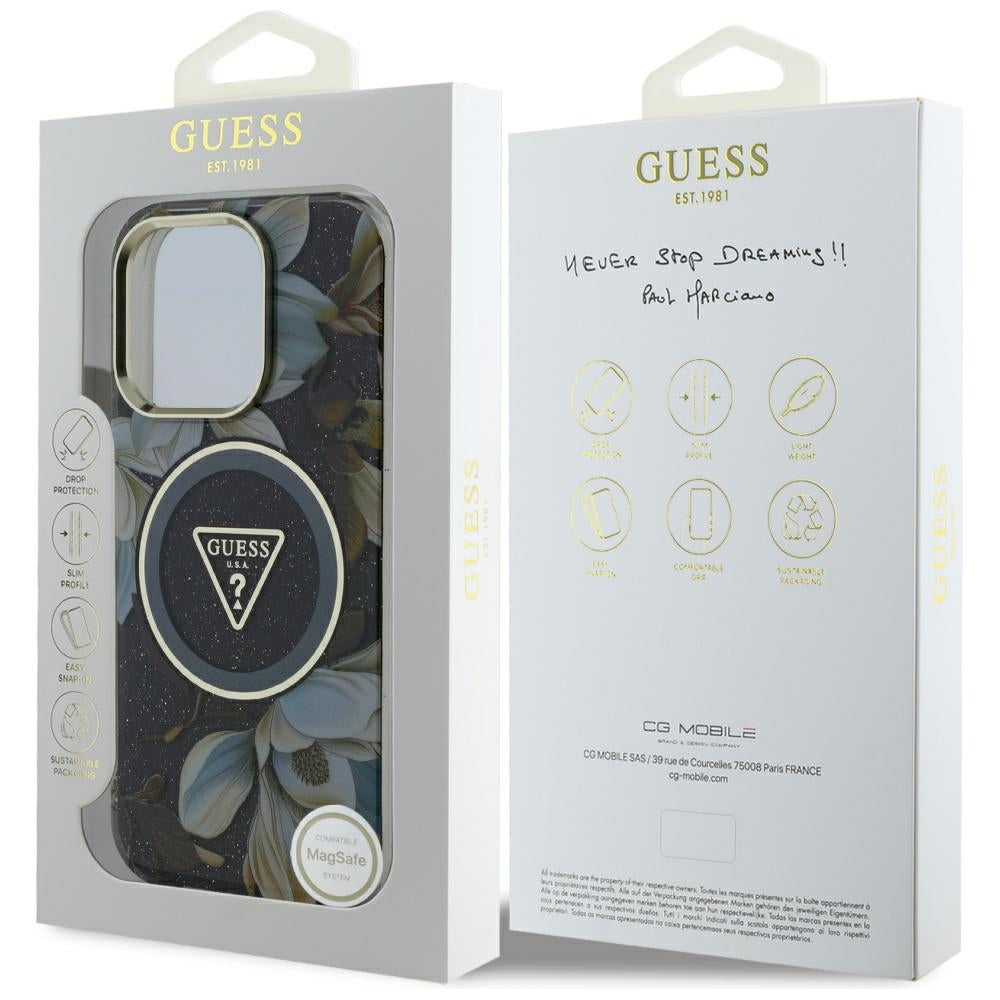 MagSafe-kotelo Apple iPhone 16 Pro Maxille, Guess, IML Metal Glitter Flowers Triangle, Musta