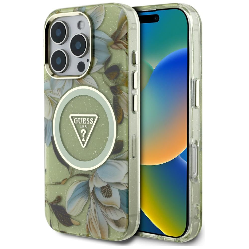 MagSafe-kotelo Apple iPhone 16 Pro Maxille, Guess, IML Metal Glitter Flowers Triangle, Vihreä