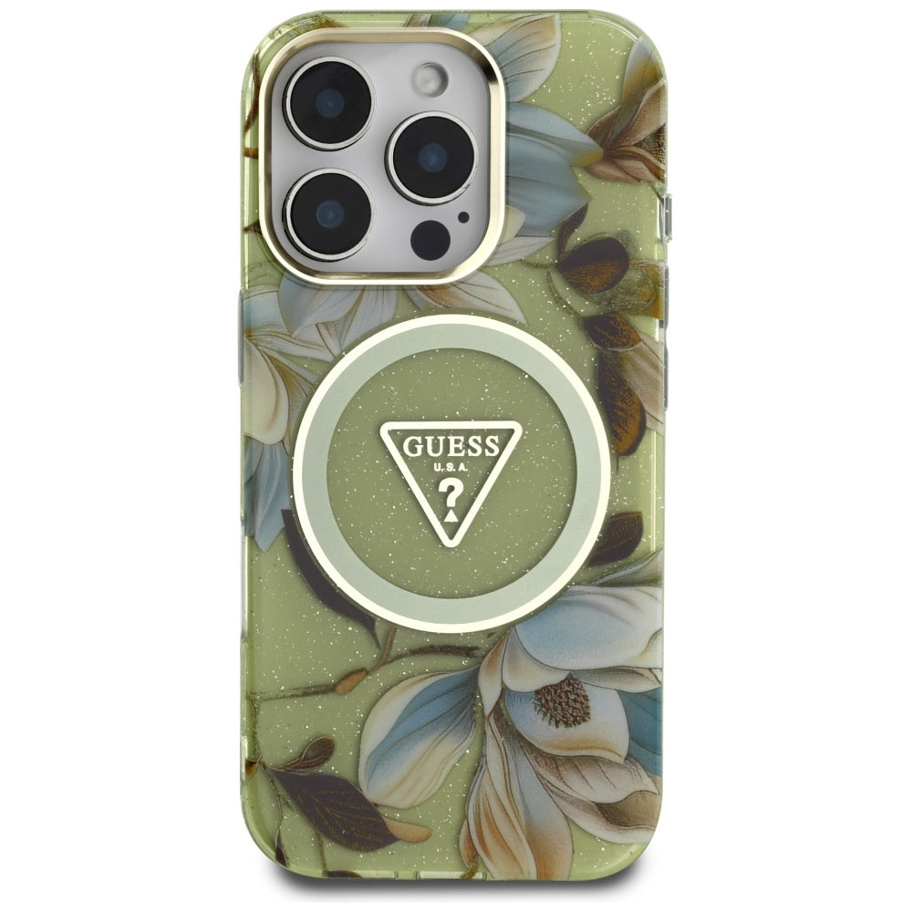 MagSafe-kotelo Apple iPhone 16 Pro Maxille, Guess, IML Metal Glitter Flowers Triangle, Vihreä
