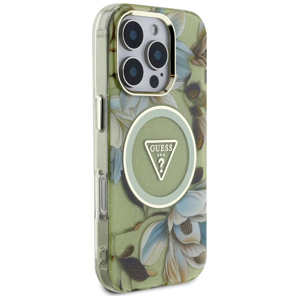MagSafe-kotelo Apple iPhone 16 Pro Maxille, Guess, IML Metal Glitter Flowers Triangle, Vihreä