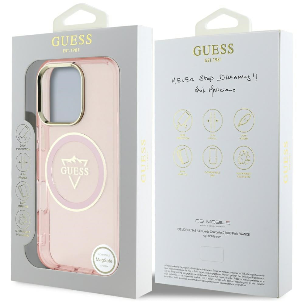 MagSafe-kotelo Apple iPhone 16 Pro Maxille, Guess, IML Metal Mountain -logo, Pinkki