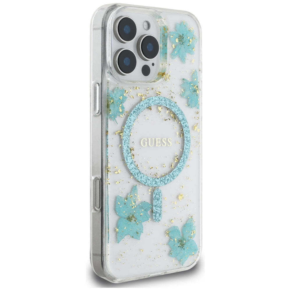 MagSafe-kotelo Apple iPhone 16 Pro Maxille, Guess, Resin Flowers and Glitter, Turkoosi