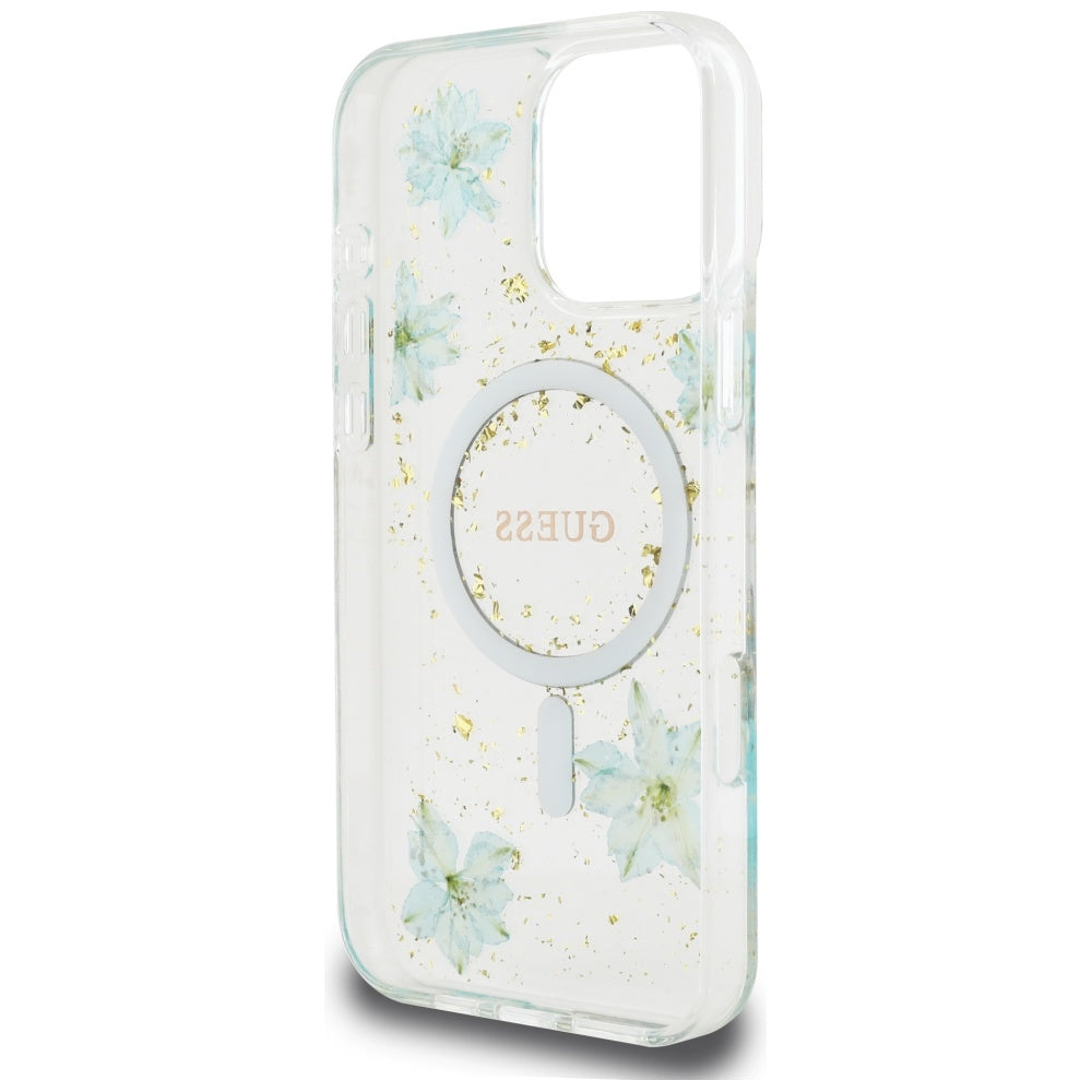 MagSafe-kotelo Apple iPhone 16 Pro Maxille, Guess, Resin Flowers and Glitter, Turkoosi