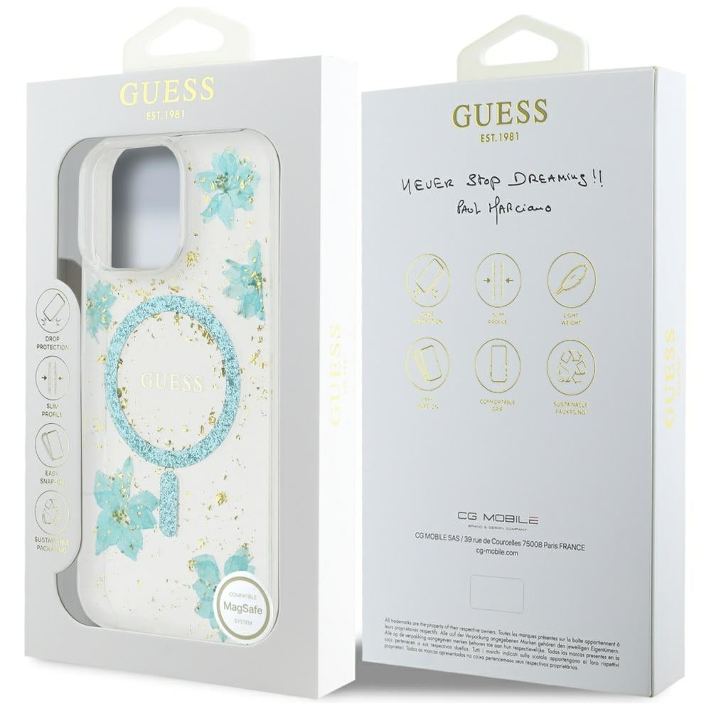 MagSafe-kotelo Apple iPhone 16 Pro Maxille, Guess, Resin Flowers and Glitter, Turkoosi