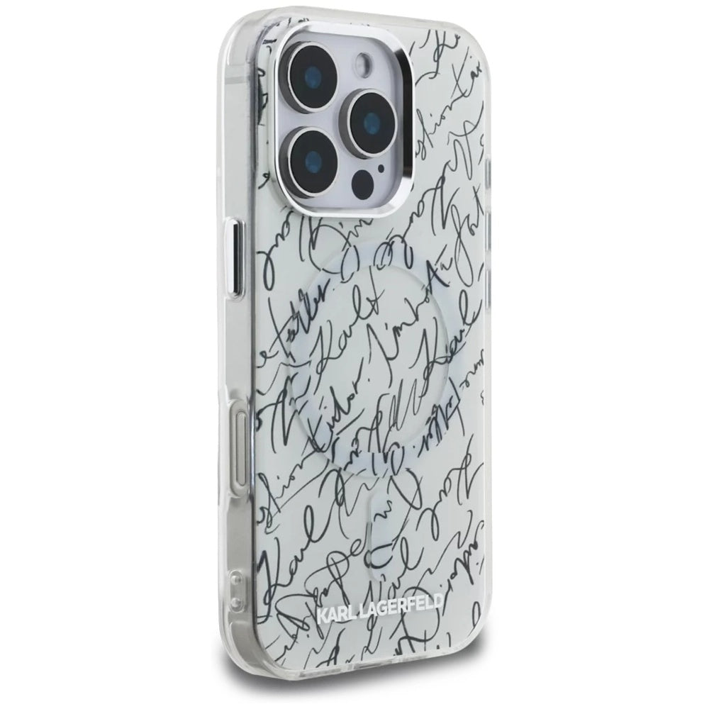 MagSafe-kotelo Apple iPhone 16 Pro Maxille, Karl Lagerfeld, IML Karl Script Pattern, Valkoinen