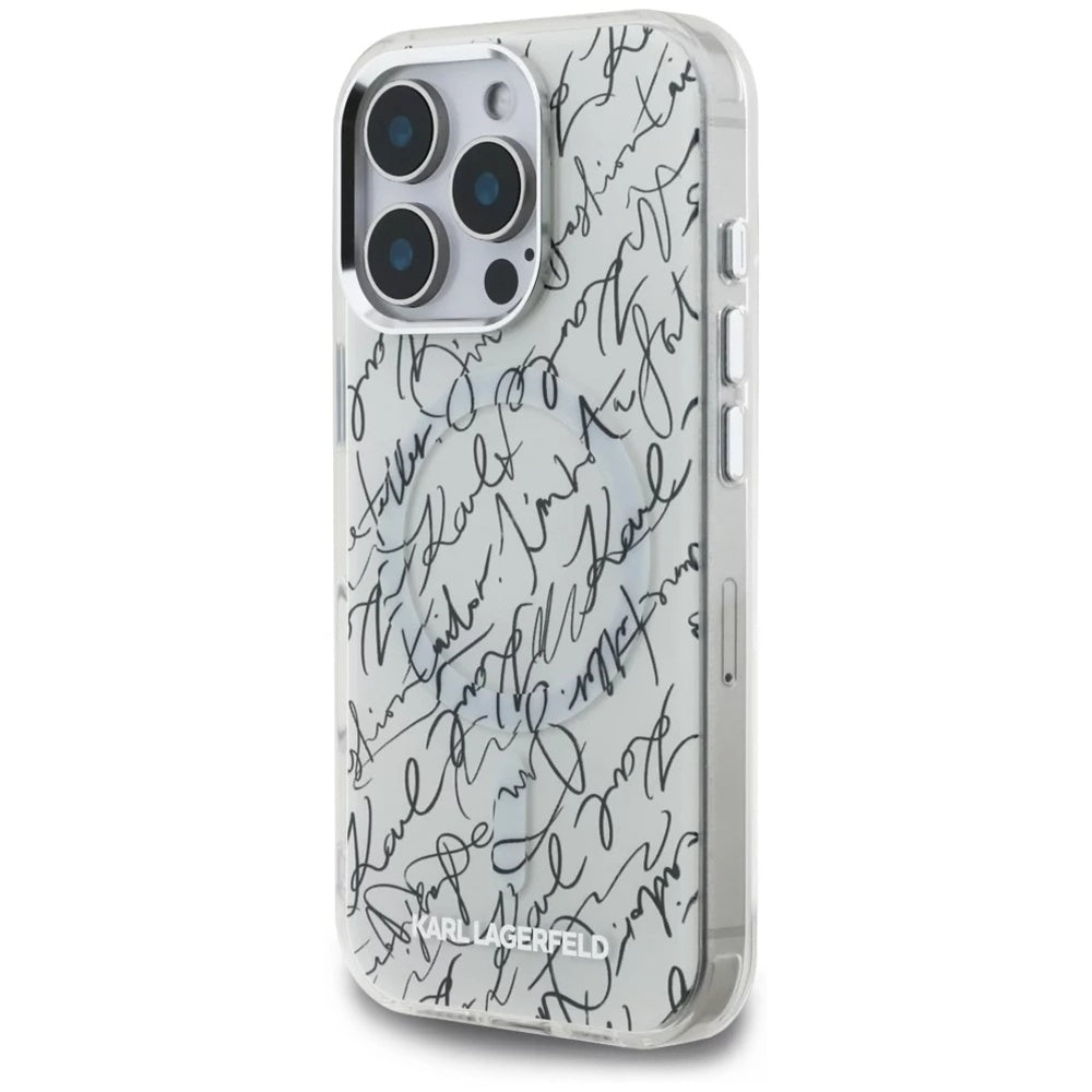 MagSafe-kotelo Apple iPhone 16 Pro Maxille, Karl Lagerfeld, IML Karl Script Pattern, Valkoinen