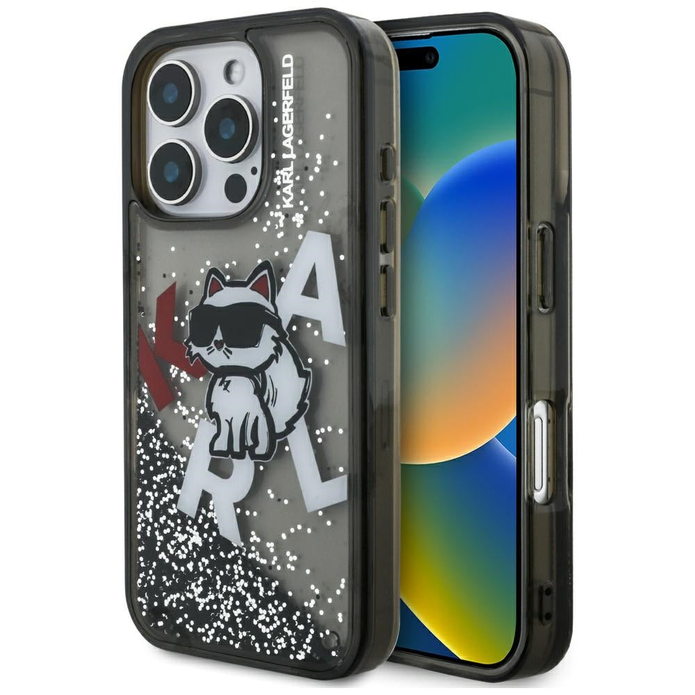 MagSafe Case for Apple iPhone 16 Pro Max, Karl Lagerfeld, Liquid Glitter Choupette Logo, Black