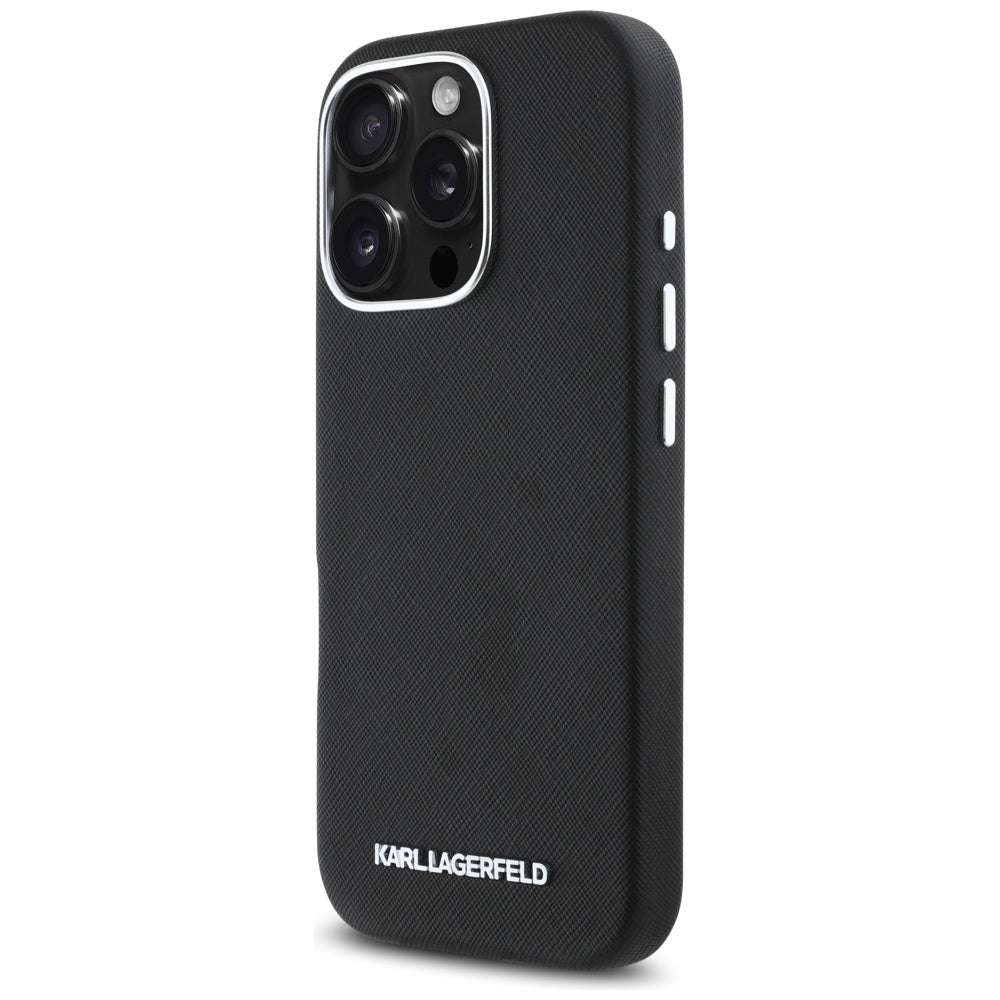 MagSafe Case for Apple iPhone 16 Pro Max, Karl Lagerfeld, Saffiano Full Wrapped Elongated Metal Logo, Black