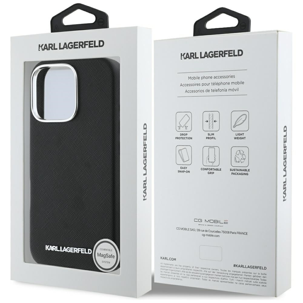 MagSafe Case for Apple iPhone 16 Pro Max, Karl Lagerfeld, Saffiano Full Wrapped Elongated Metal Logo, Black