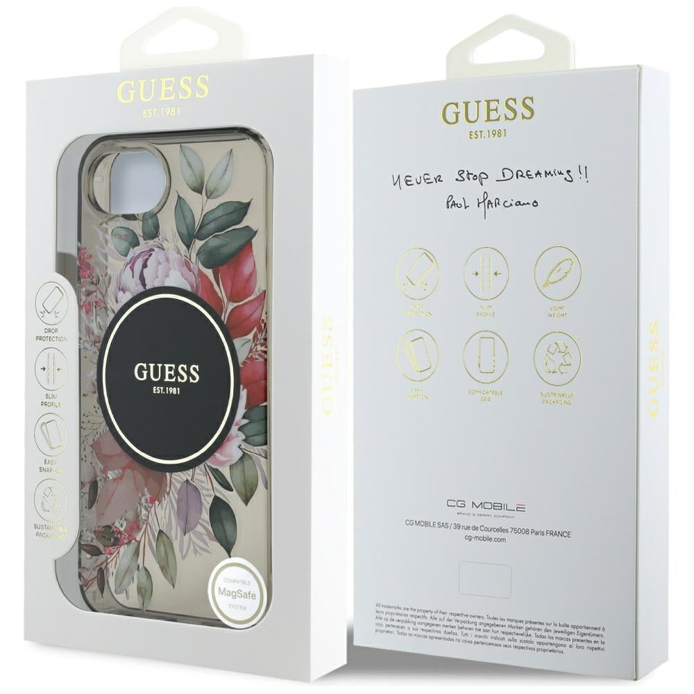 MagSafe-kotelo Apple iPhone 17e / 16e, Guess, IML Flowers, Musta