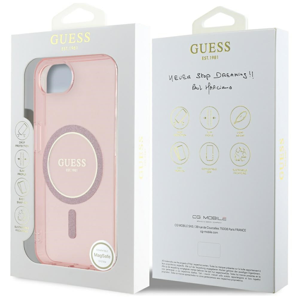 MagSafe-kotelo Apple iPhone 17e / 16e, Guess, IML Glitter Circle, Pinkki