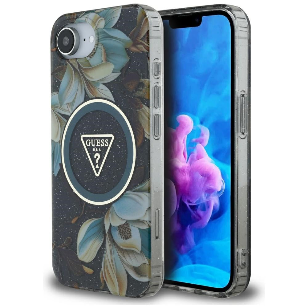 MagSafe-kotelo Apple iPhone 17e / 16e, Guess, IML Metal Glitter Flowers Triangle, Musta