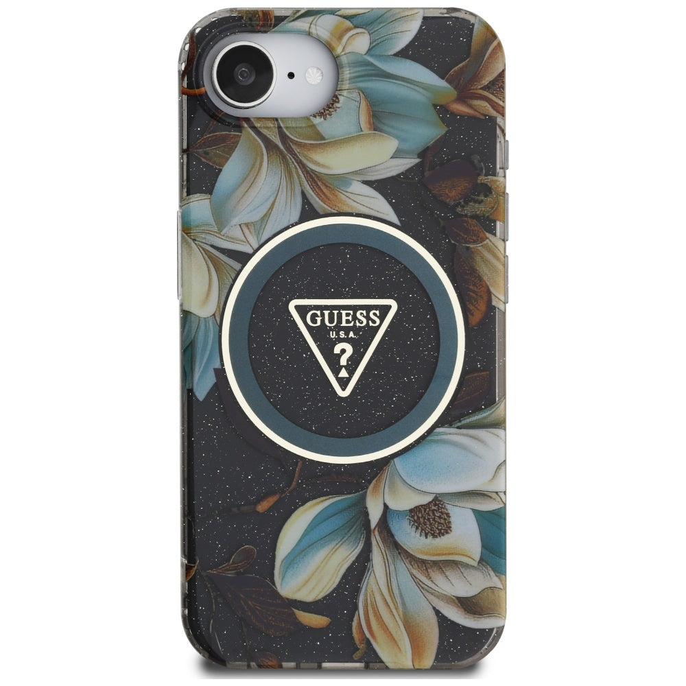 MagSafe-kotelo Apple iPhone 17e / 16e, Guess, IML Metal Glitter Flowers Triangle, Musta