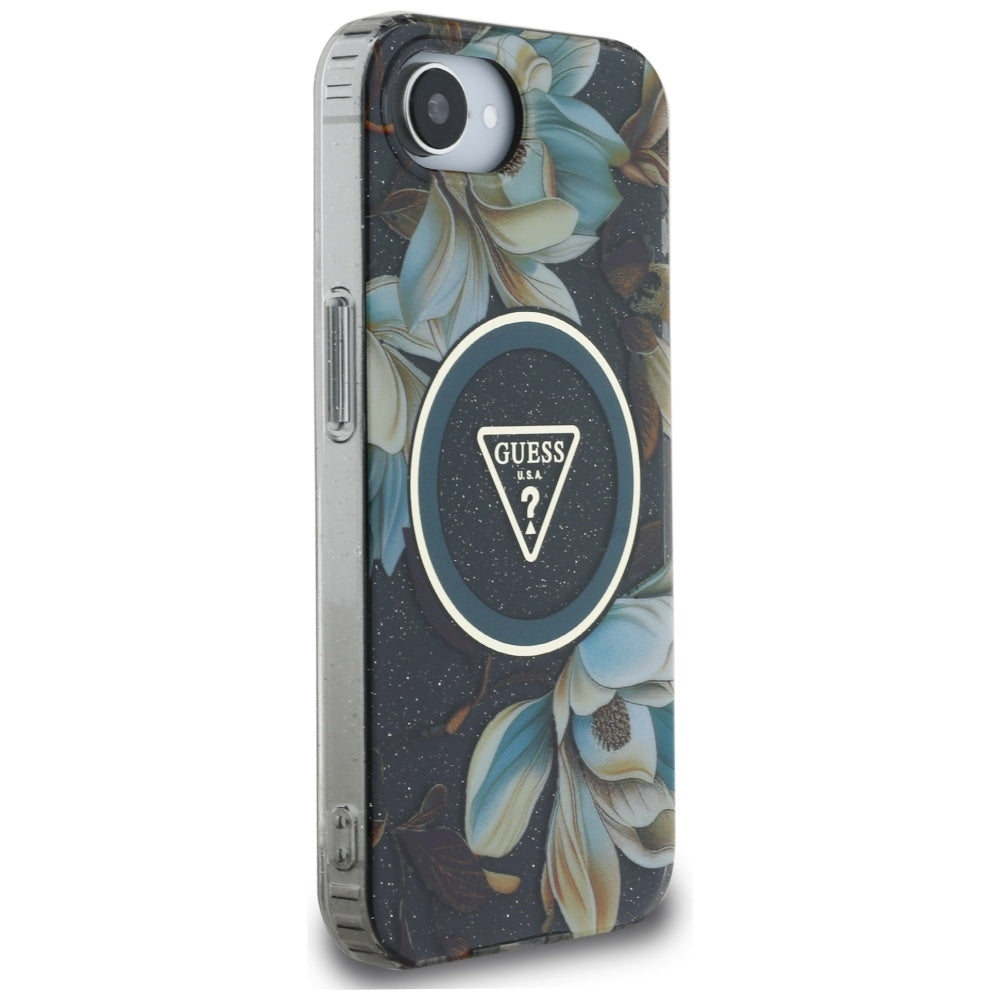 MagSafe-kotelo Apple iPhone 17e / 16e, Guess, IML Metal Glitter Flowers Triangle, Musta