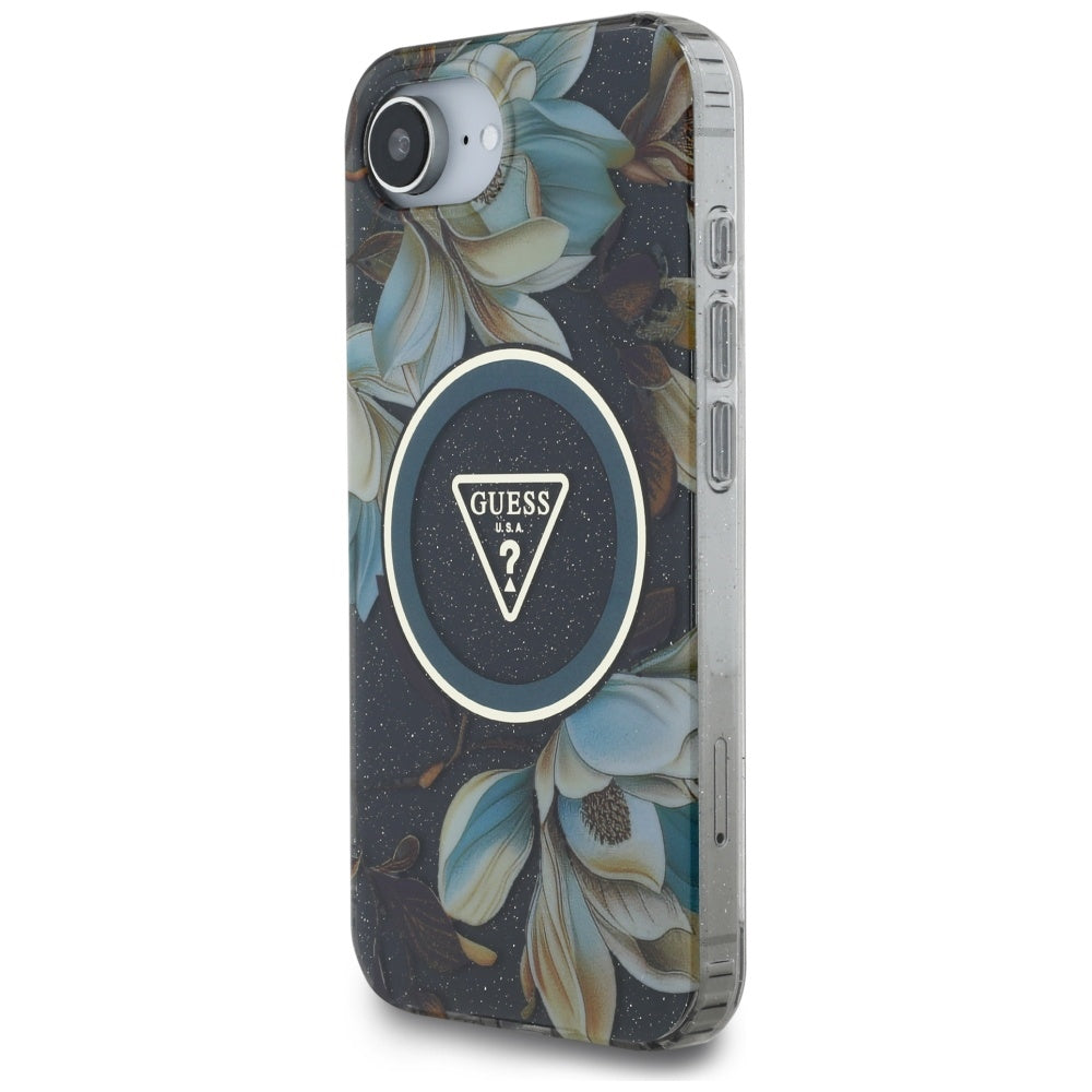 MagSafe-kotelo Apple iPhone 17e / 16e, Guess, IML Metal Glitter Flowers Triangle, Musta