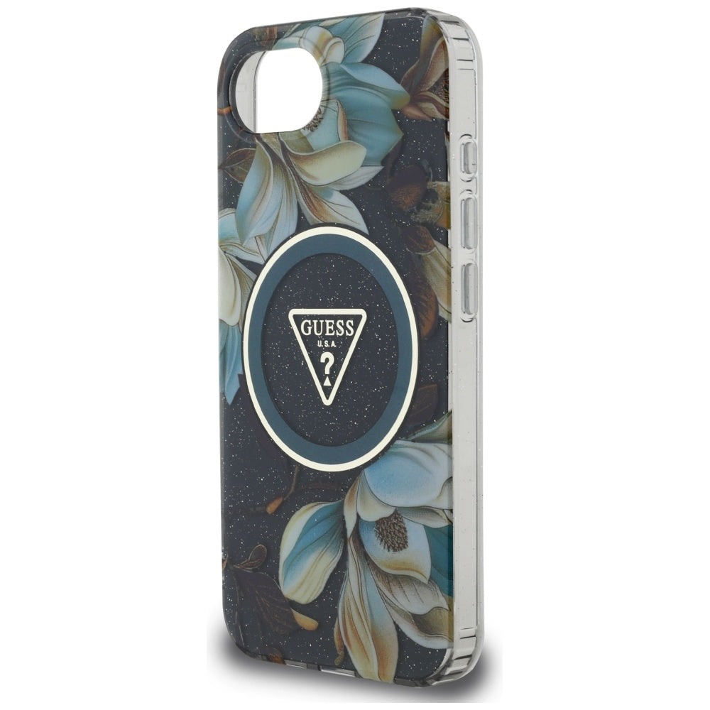 MagSafe-kotelo Apple iPhone 17e / 16e, Guess, IML Metal Glitter Flowers Triangle, Musta