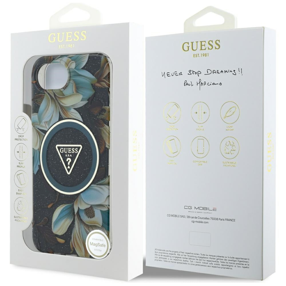 MagSafe-kotelo Apple iPhone 17e / 16e, Guess, IML Metal Glitter Flowers Triangle, Musta