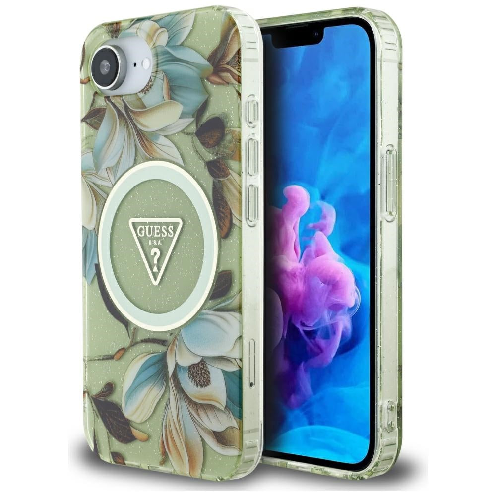 MagSafe-kotelo Apple iPhone 17e / 16e, Guess, IML Metal Glitter Flowers Triangle, Vihreä