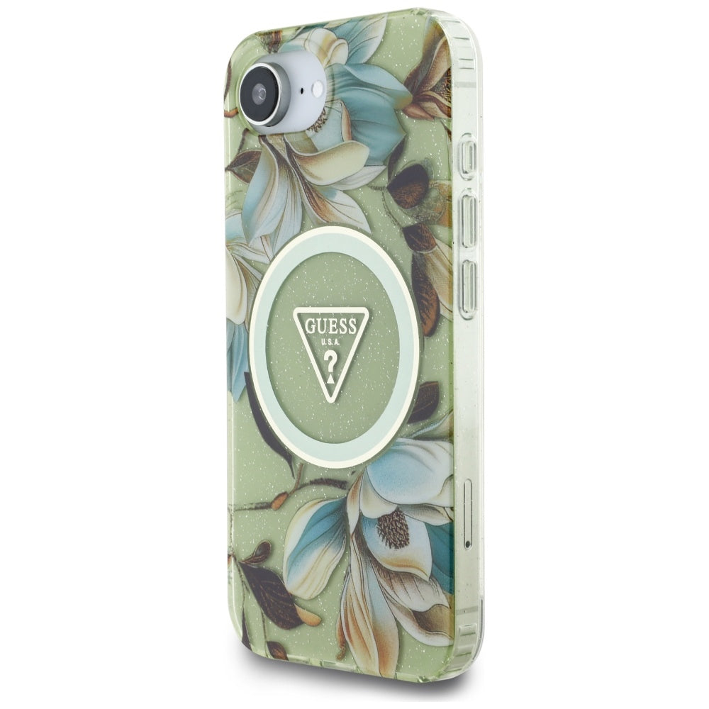 MagSafe-kotelo Apple iPhone 17e / 16e, Guess, IML Metal Glitter Flowers Triangle, Vihreä