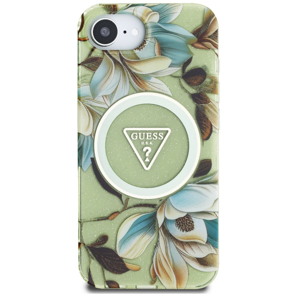 MagSafe-kotelo Apple iPhone 17e / 16e, Guess, IML Metal Glitter Flowers Triangle, Vihreä