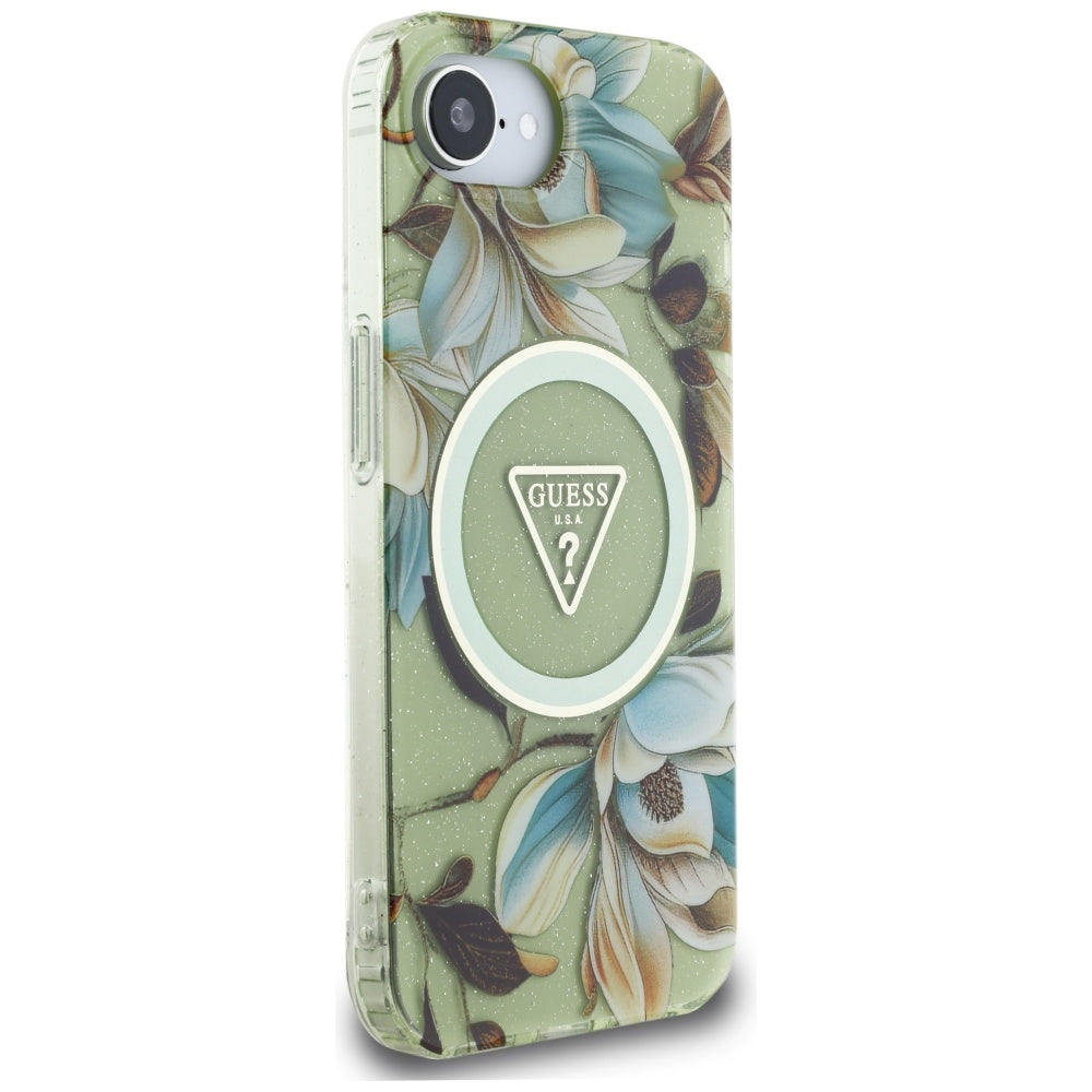 MagSafe-kotelo Apple iPhone 17e / 16e, Guess, IML Metal Glitter Flowers Triangle, Vihreä