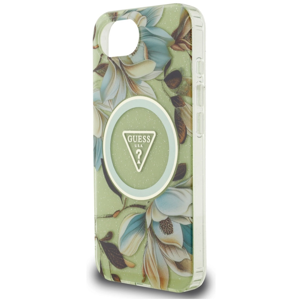 MagSafe-kotelo Apple iPhone 17e / 16e, Guess, IML Metal Glitter Flowers Triangle, Vihreä