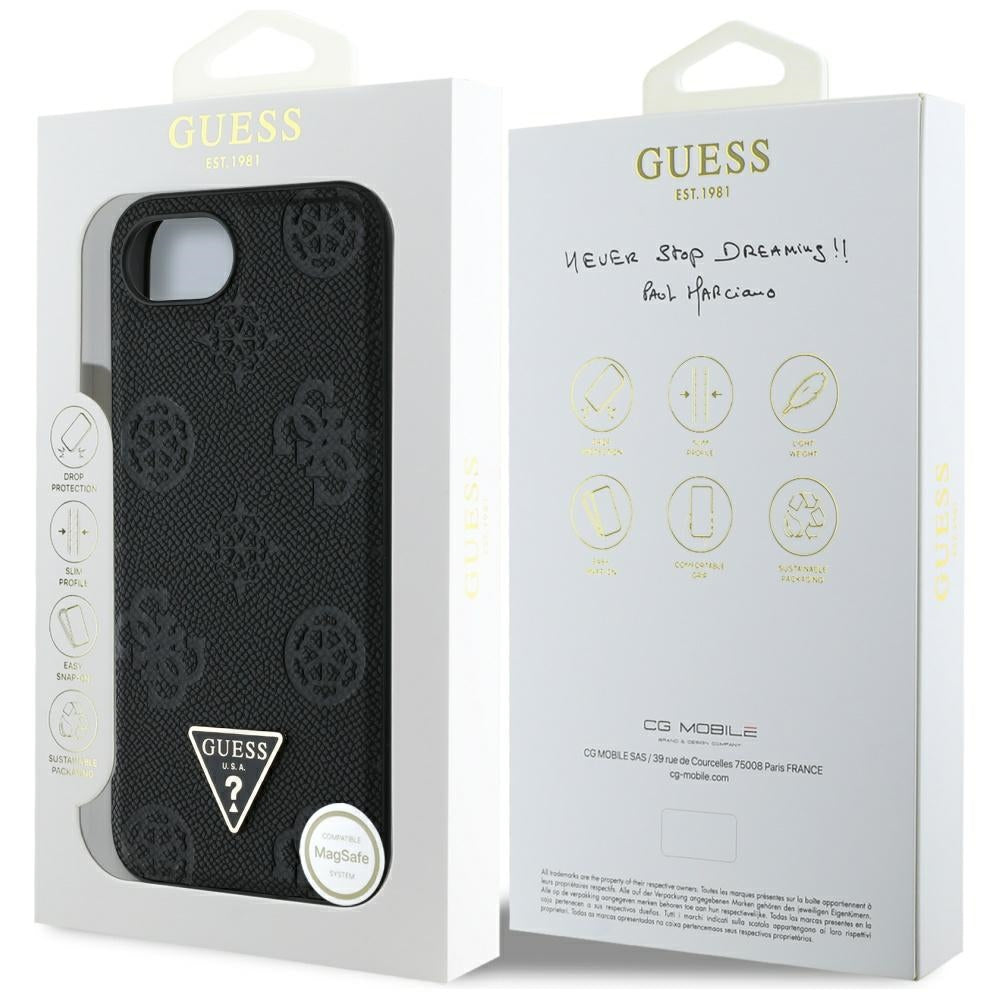 MagSafe-kotelo Apple iPhone 17e / 16e, Guess, Peony Grained Hot Stamp Triangle, Musta