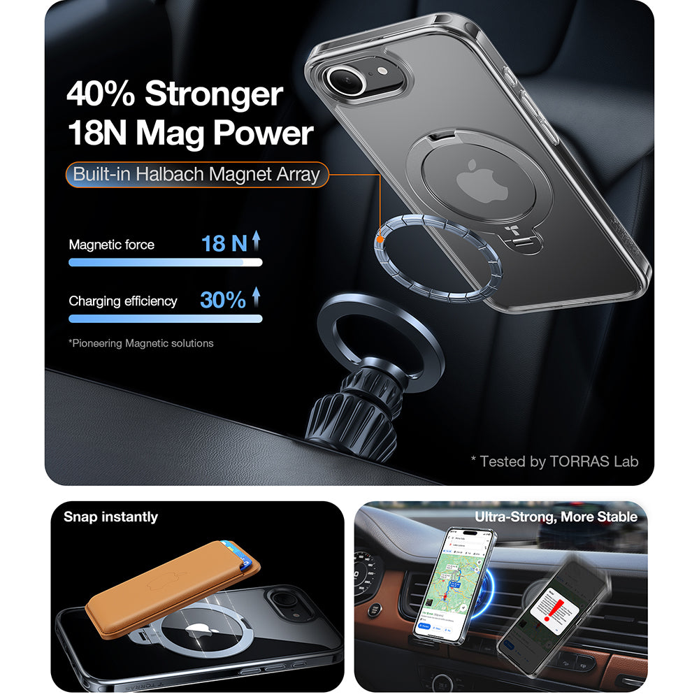 MagSafe Case for Apple iPhone 17e / 16e, Torras, Ostand Spin, Transparent