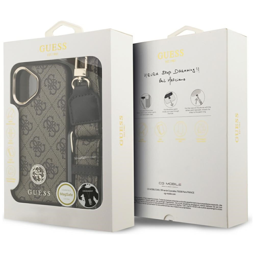 MagSafe-kotelo Apple iPhone 17:lle, Guess, 4G Strass -logo ja iso hihna, ruskea