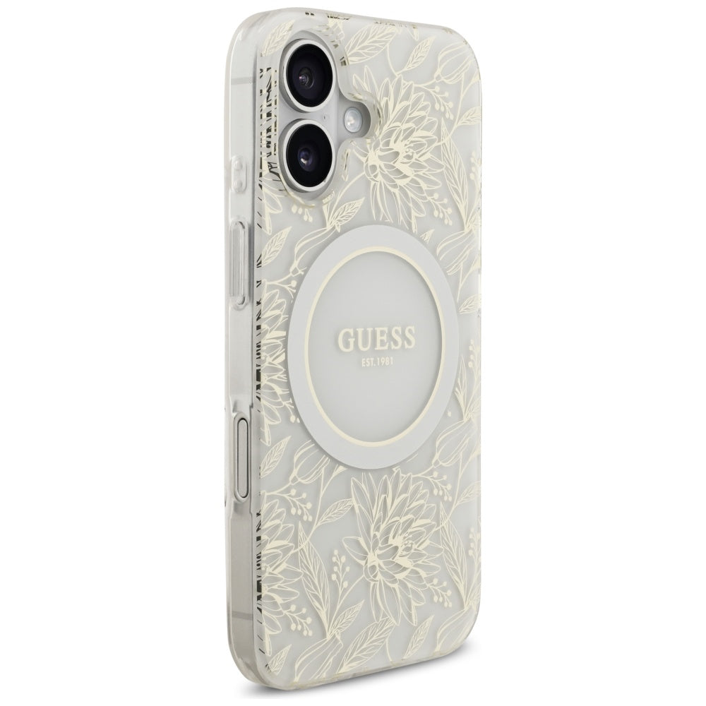 MagSafe-kotelo Apple iPhone 17:lle, Guess, IML Flowers with Pearl Strap, Valkoinen