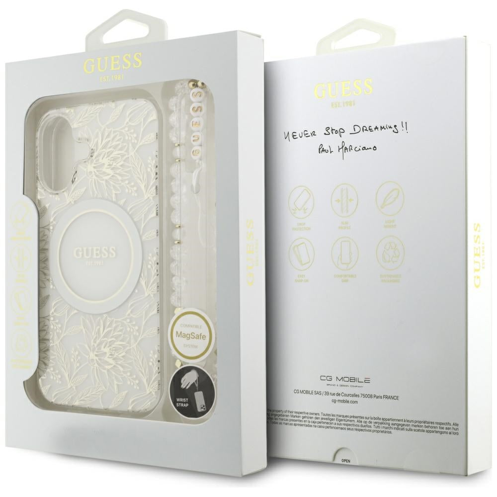 MagSafe-kotelo Apple iPhone 17:lle, Guess, IML Flowers with Pearl Strap, Valkoinen